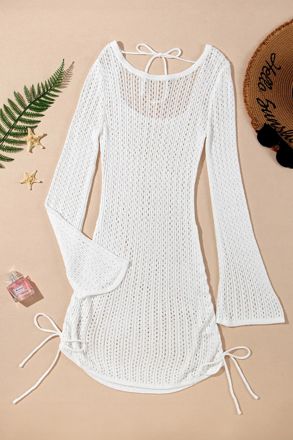Hollow Out Bell Sleeve Drawstring Knit Cover Up Dress - Velora Luxury Fashion