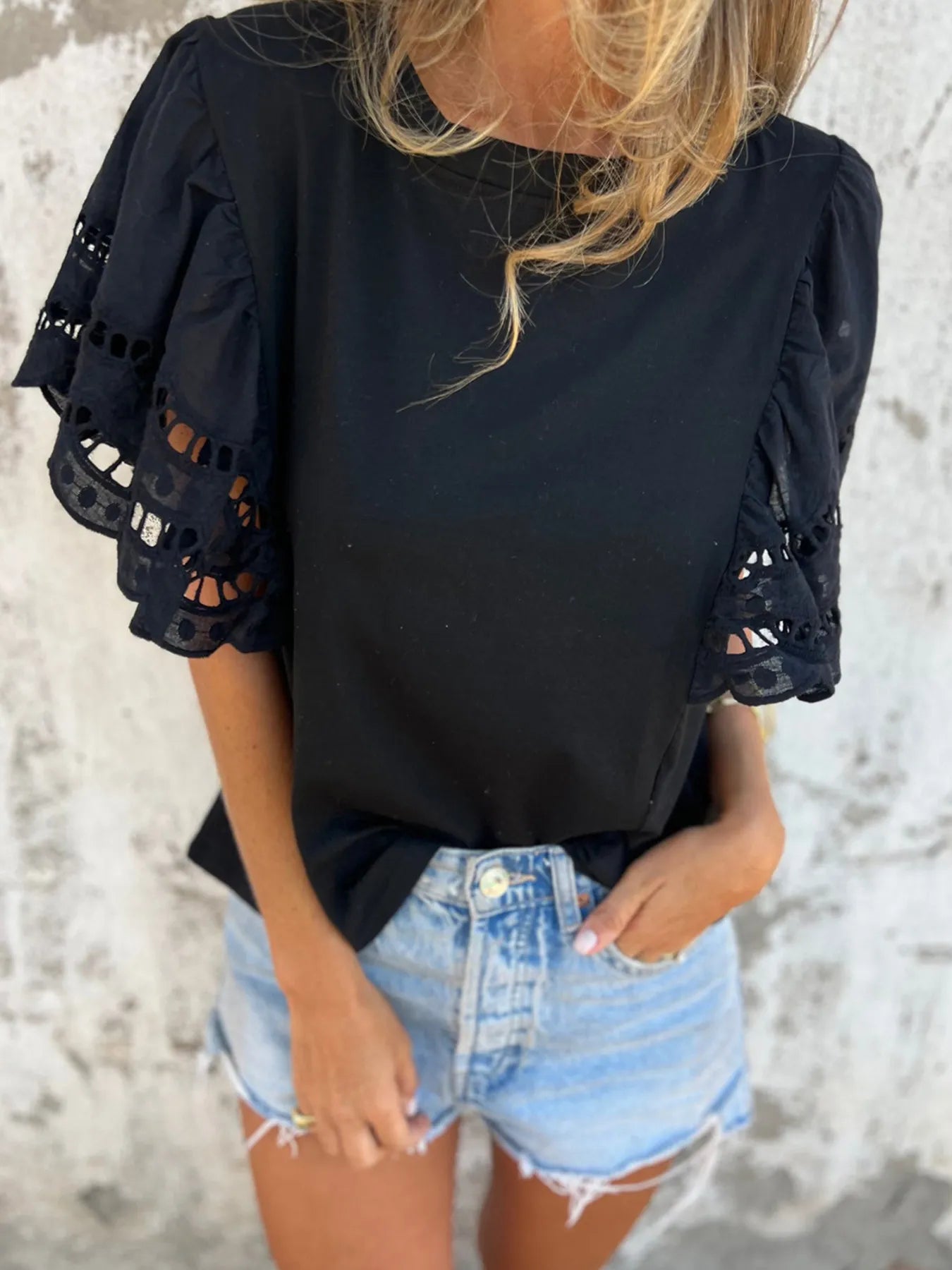 Hollow Out Sleeve Casual Blouse - Velora Luxury Fashion