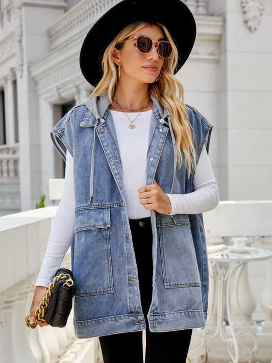 Hooded Sleeveless Denim Top with Pockets - Velora Luxury Fashion