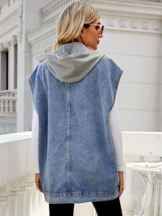 Hooded Sleeveless Denim Top with Pockets - Velora Luxury Fashion