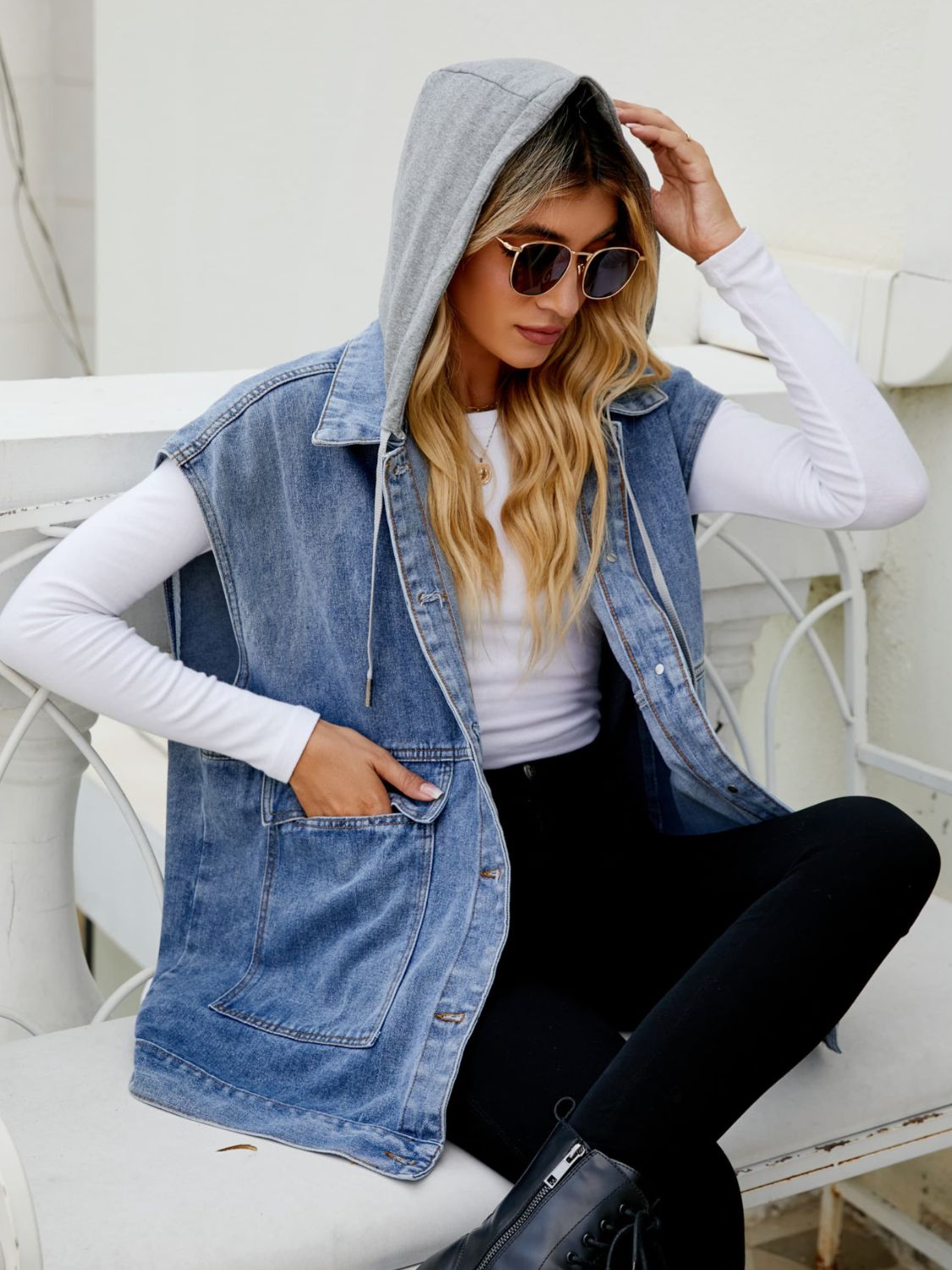 Hooded Sleeveless Denim Top with Pockets - Velora Luxury Fashion