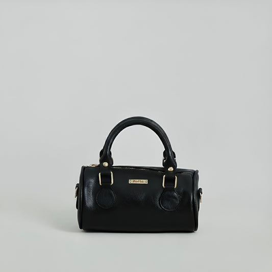 LIA - Elegant Round Mini Leather Bag with Long Strap, barrel bag - Gray & Black rottaofficial