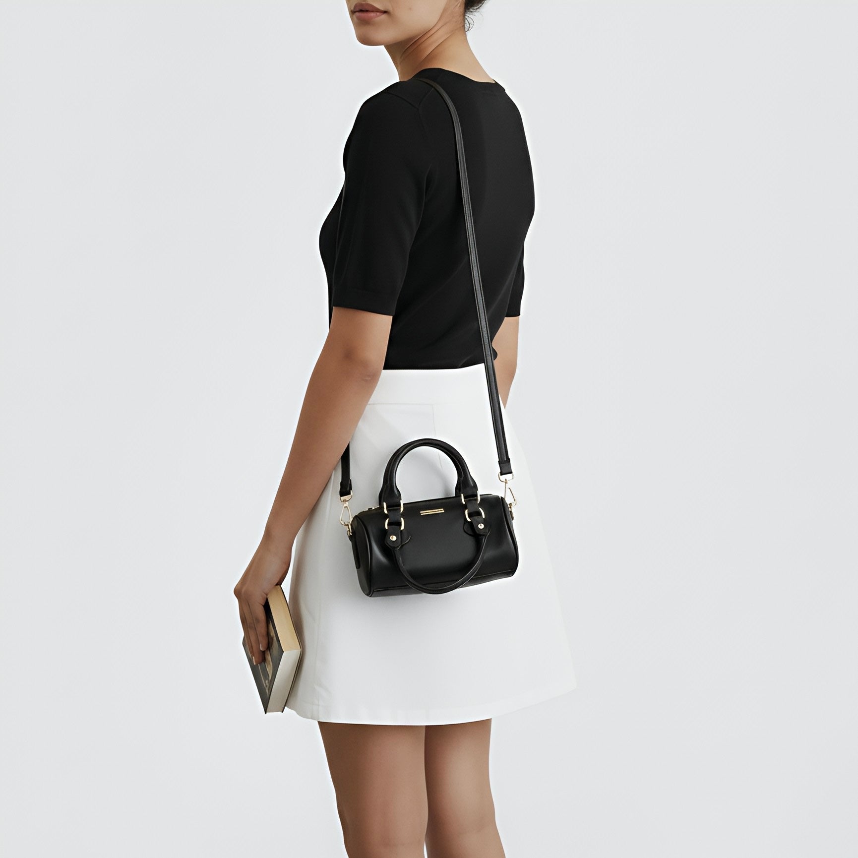 LIA - Elegant Round Mini Leather Bag with Long Strap, barrel bag - Gray & Black rottaofficial