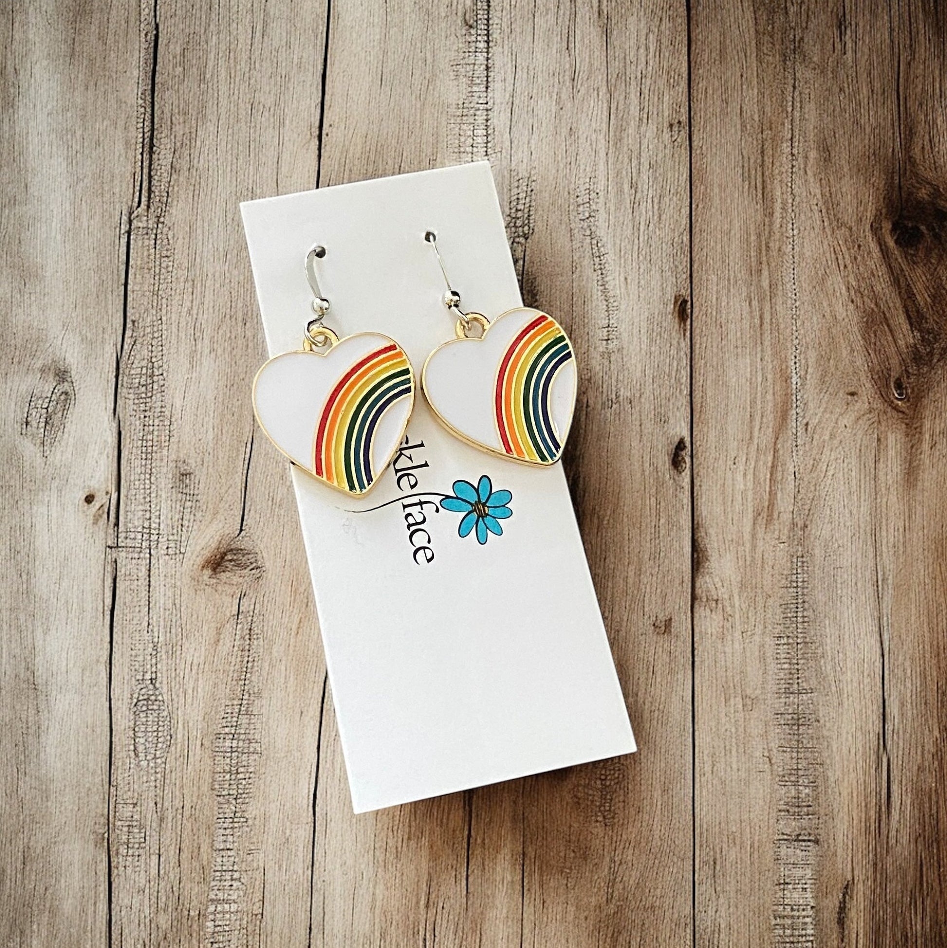 Rainbow Heart Hook Earrings – White Enamel & Multicolor Rainbow - Velora