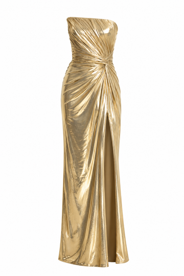 Gold Metallic Strapless Gown with Slit – Evening Dress