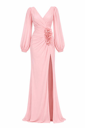 Peach Long Sleeve Floral Slit Maxi Dress – Elegant Evening Gown