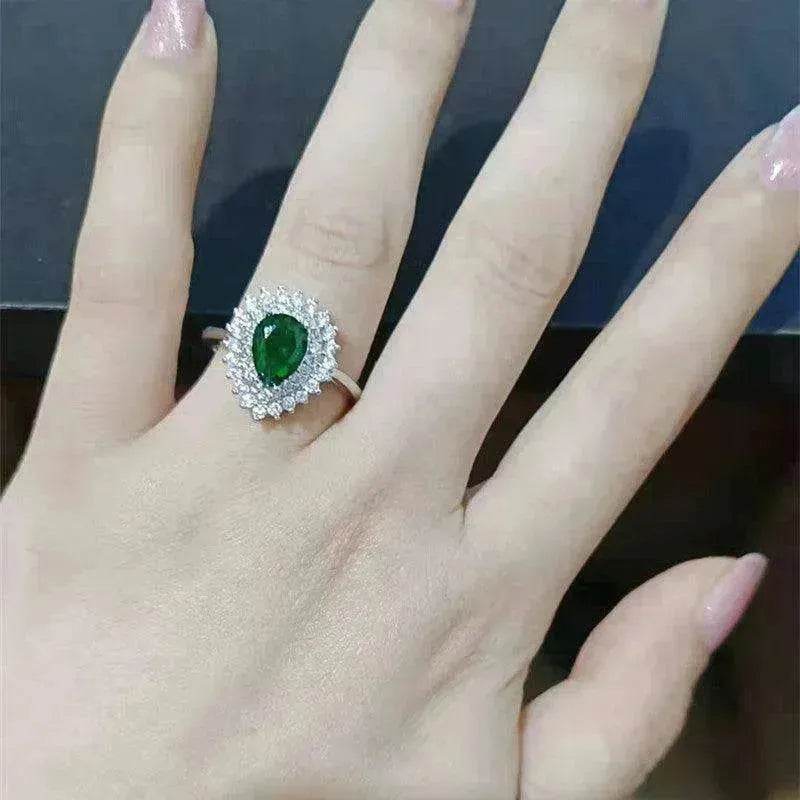 Ins Trendy Heart-shaped Emerald Water Drop Ring Full Diamond - Velora