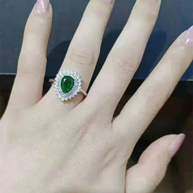 Ins Trendy Heart-shaped Emerald Water Drop Ring Full Diamond - Velora