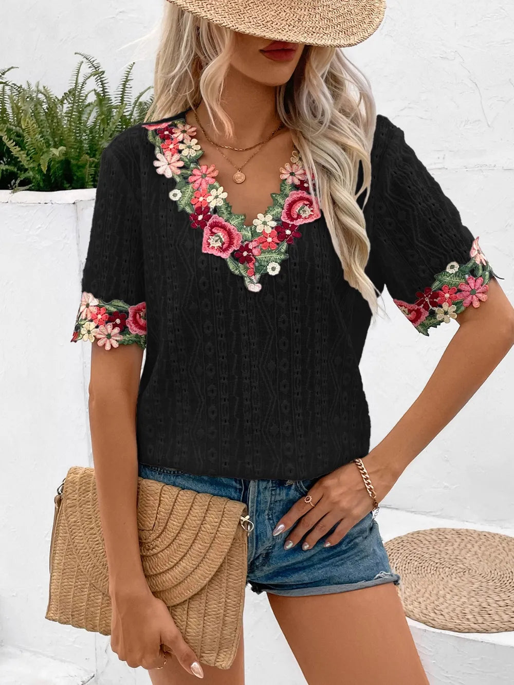 Ivy Lane Eyelet Embroidered V-Neck Short Sleeve Blouse - Velora Luxury Fashion
