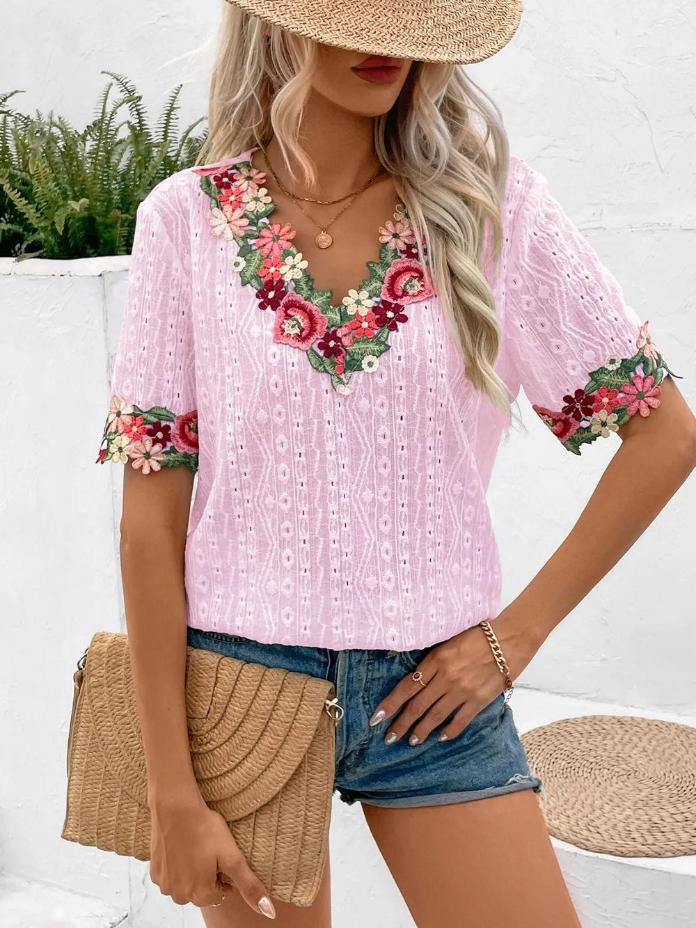 Ivy Lane Eyelet Embroidered V-Neck Short Sleeve Blouse - Velora Luxury Fashion