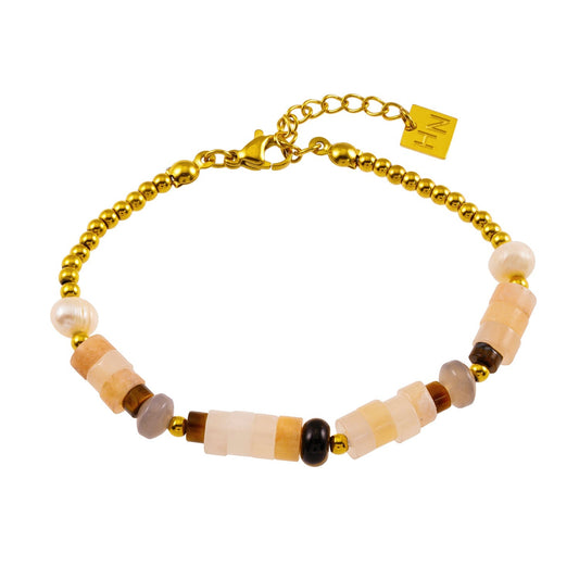 JERASA: Chalcedony Stones, Fresh Water Pearls & Gold Ball-Beaded Bracelet. - Velora Luxury Fashion