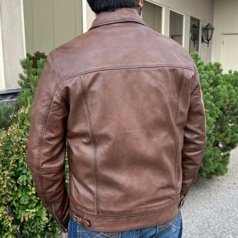 James Dean-Style Lamb Leather Jacket with Side Buckles - Velora Luxury Fashion