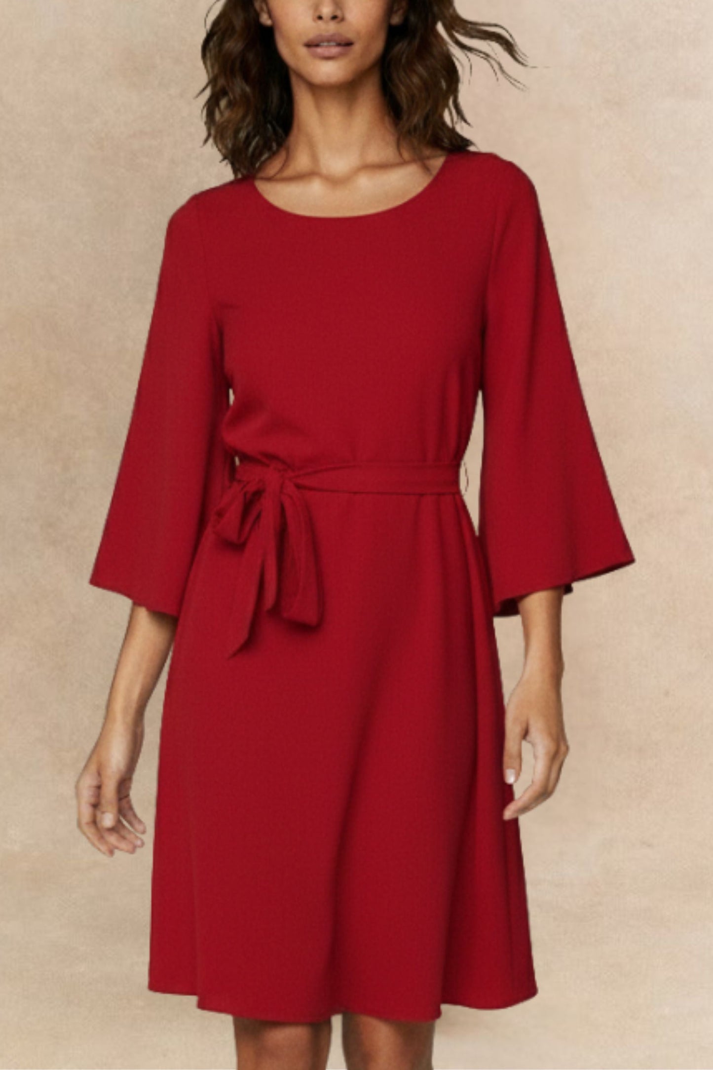 Jennifer Women's Flared Sleeve Belted Dress Solid Color - Velora Luxury Fashion