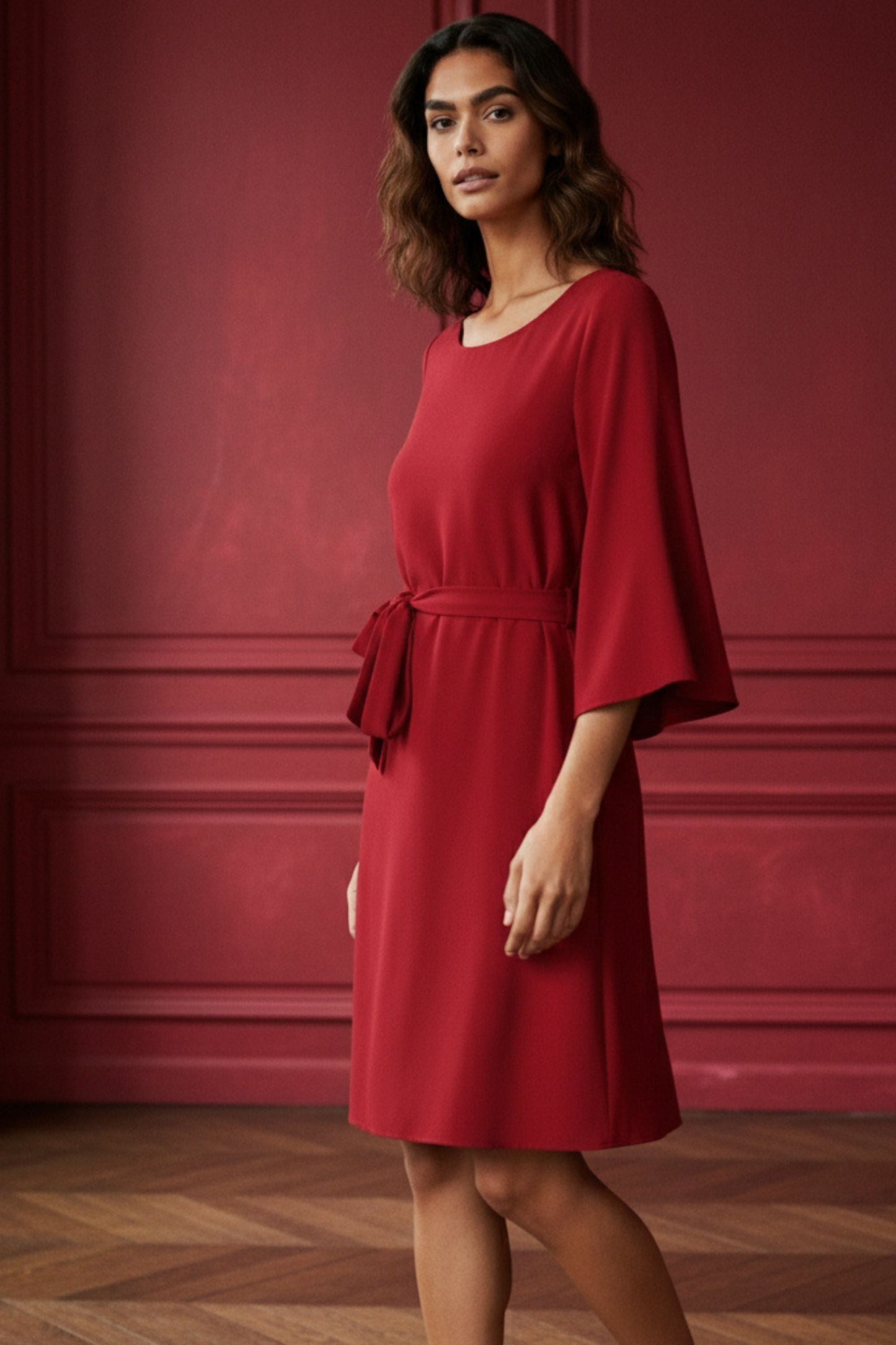 Jennifer Women's Flared Sleeve Belted Dress Solid Color - Velora Luxury Fashion