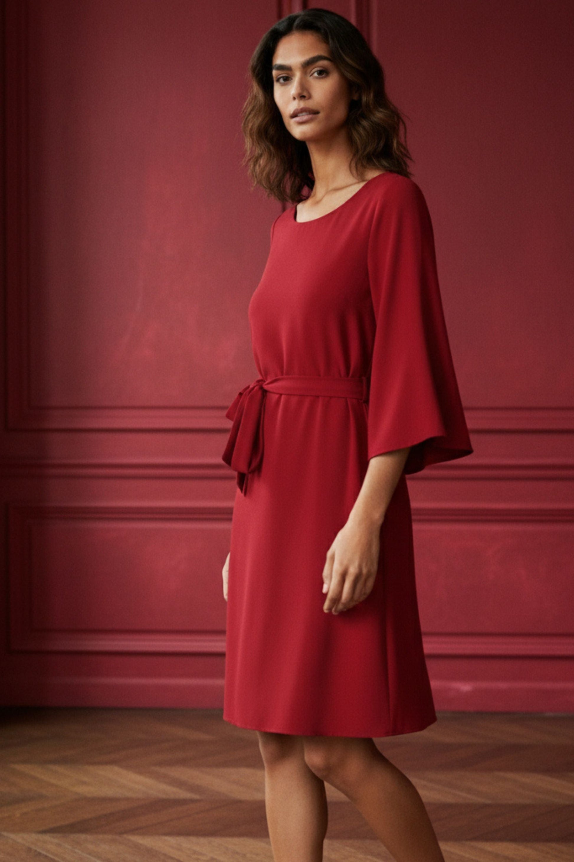 Jennifer Women's Flared Sleeve Belted Dress Solid Color - Velora Luxury Fashion