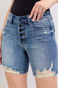 Judy Blue Button Fly Mid Length Denim Shorts W/ Destroy - Velora Luxury Fashion