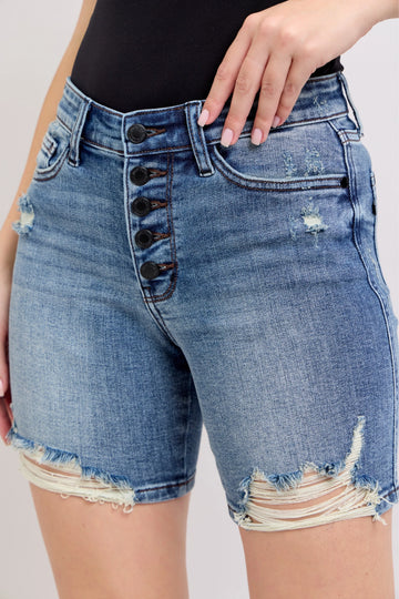 Judy Blue Button Fly Mid Length Denim Shorts W/ Destroy - Velora Luxury Fashion