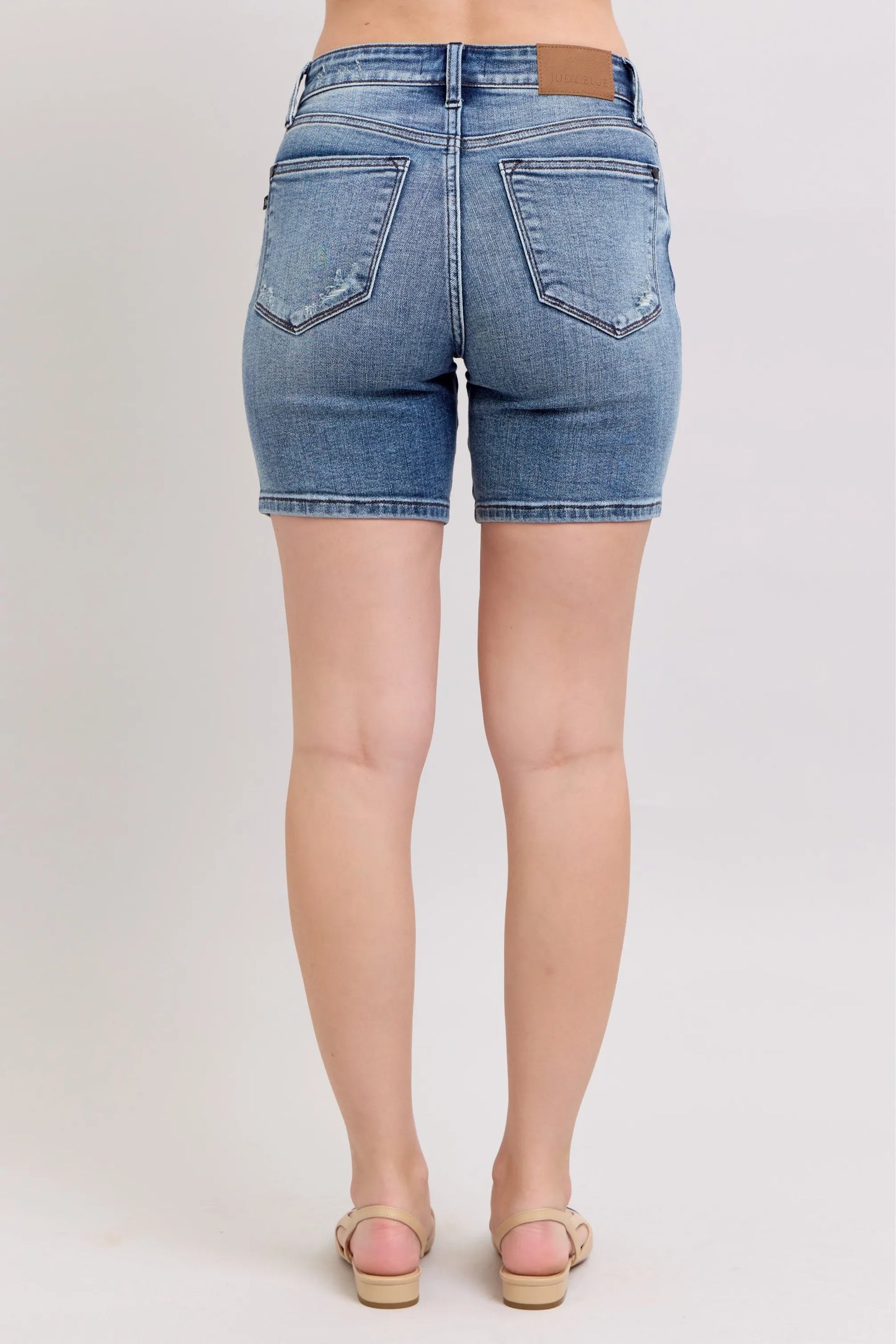 Judy Blue Button Fly Mid Length Denim Shorts W/ Destroy - Velora Luxury Fashion
