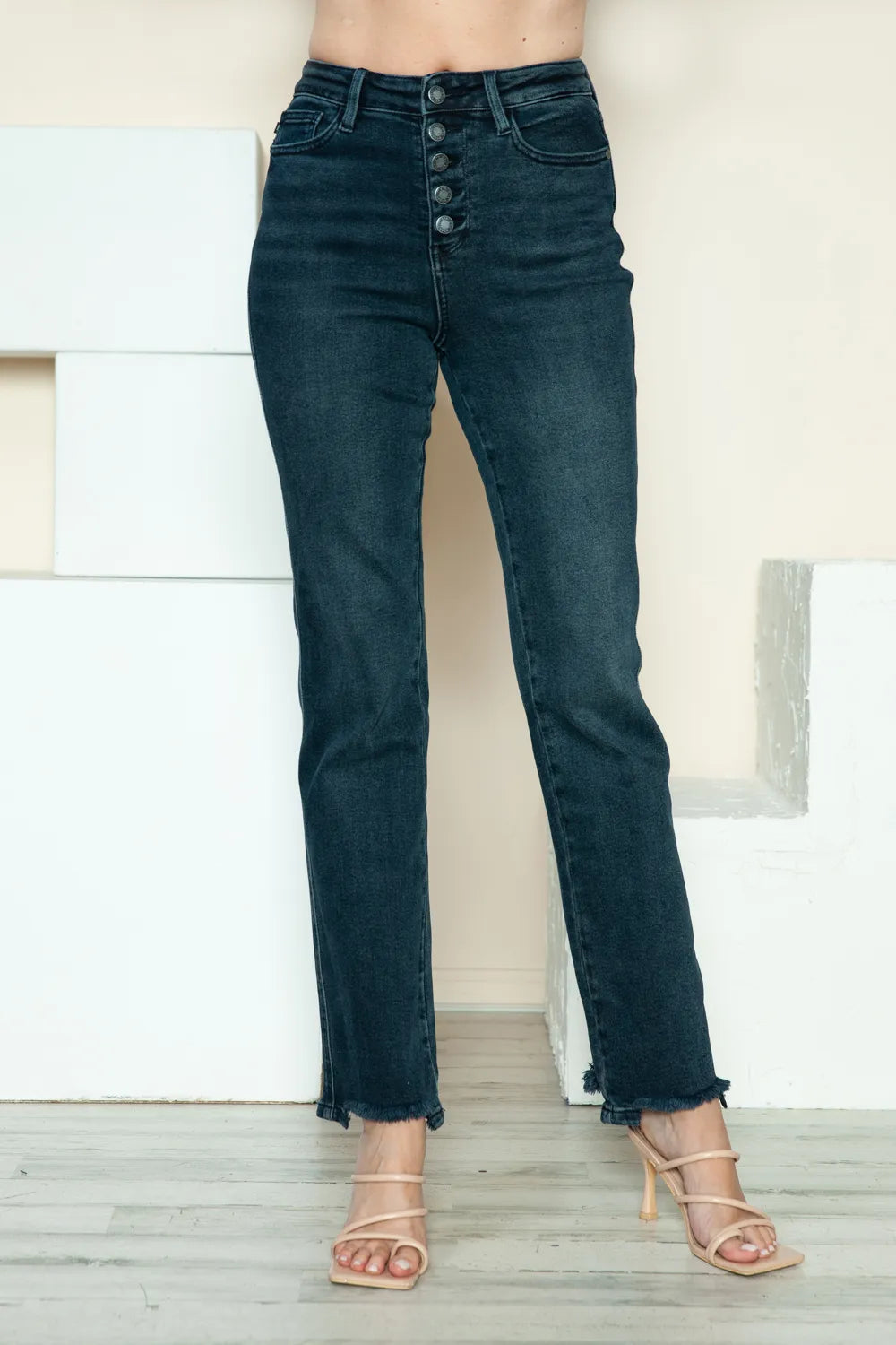 Judy Blue Full Size Button Fly Hem Destroy Straight Jeans - Velora Luxury Fashion