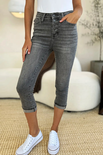 Judy Blue Full Size Button Fly High Waist Cuffed Capris - Velora Luxury Fashion