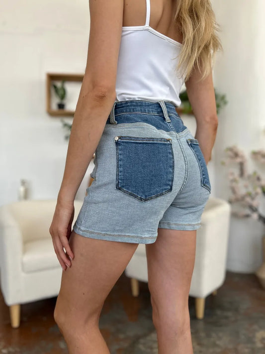 Judy Blue Full Size Color Block Denim Shorts - Velora Luxury Fashion