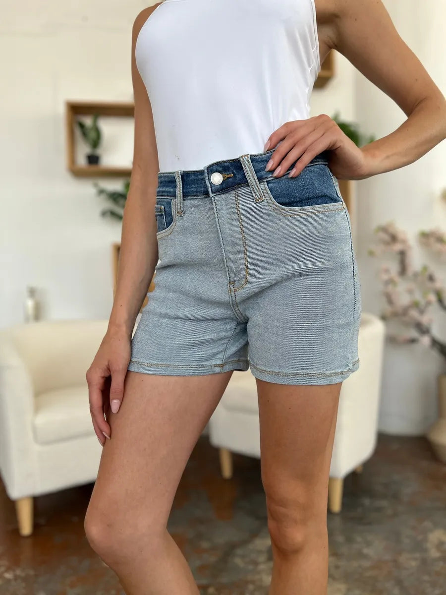 Judy Blue Full Size Color Block Denim Shorts - Velora Luxury Fashion