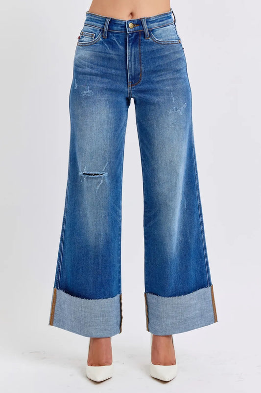 Judy Blue Full Size Distressed High Waist Wide Leg Jeans - Velora Luxury Fashion