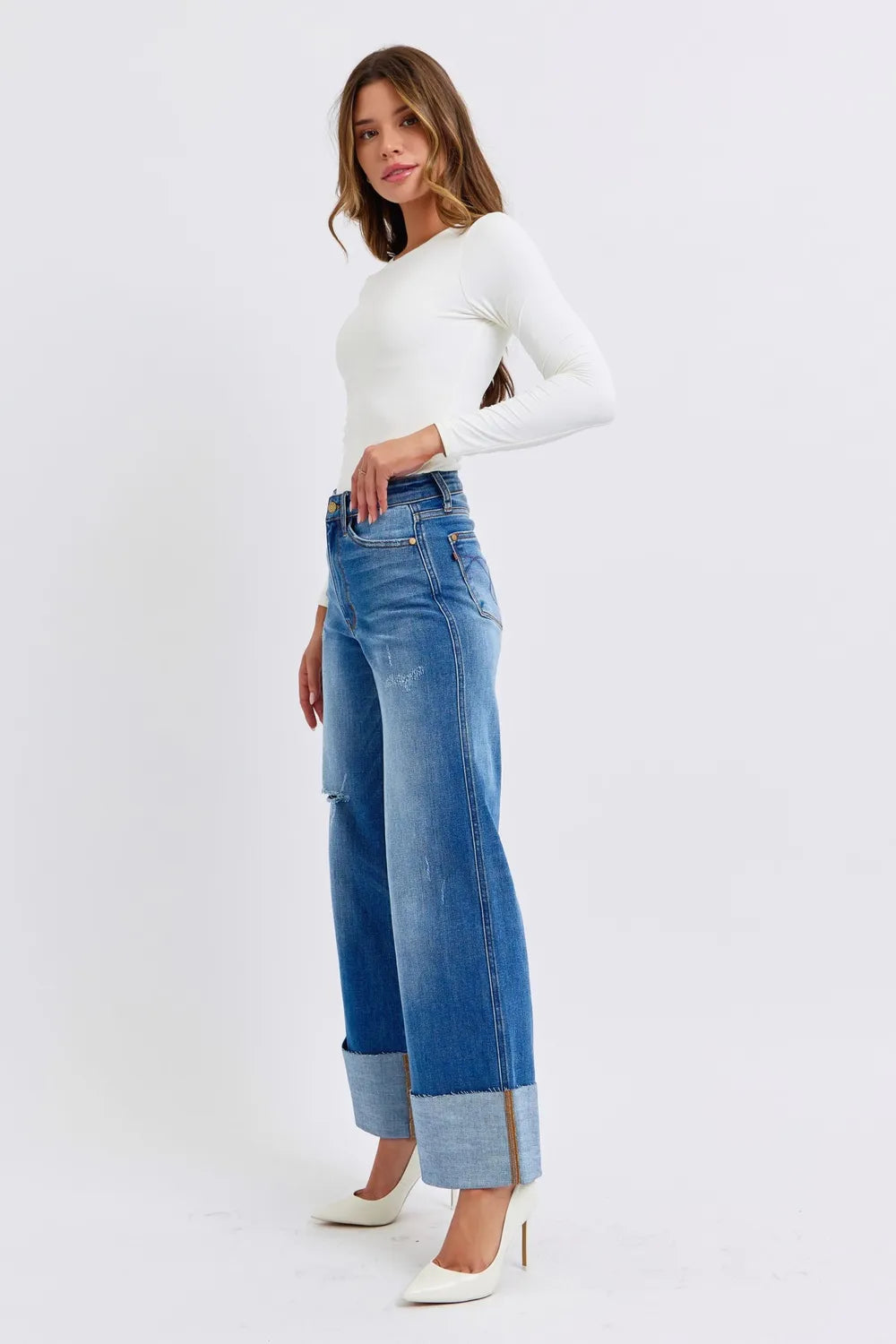Judy Blue Full Size Distressed High Waist Wide Leg Jeans - Velora Luxury Fashion