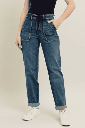 Judy Blue Full Size HW Vintage Wash Jeans w/ Drawstring Plus Size - Velora Luxury Fashion