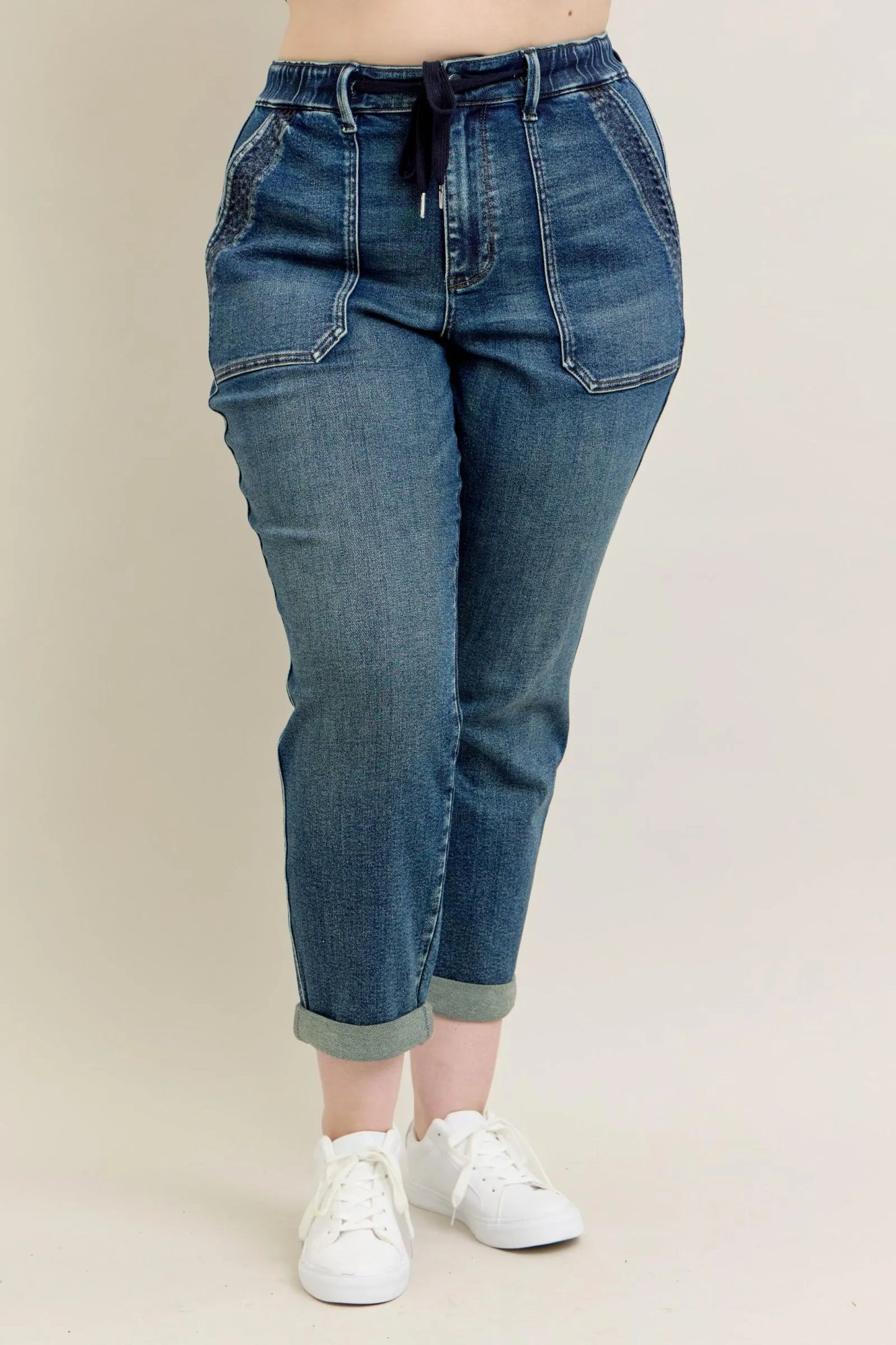 Judy Blue Full Size HW Vintage Wash Jeans w/ Drawstring Plus Size - Velora Luxury Fashion