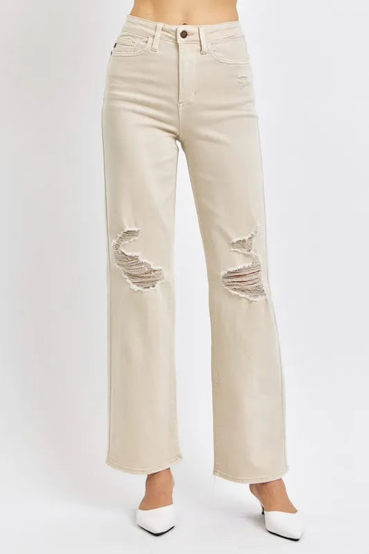 Judy Blue Full Size High Waist Distressed Wide Leg Jeans - Velora Luxury Fashion