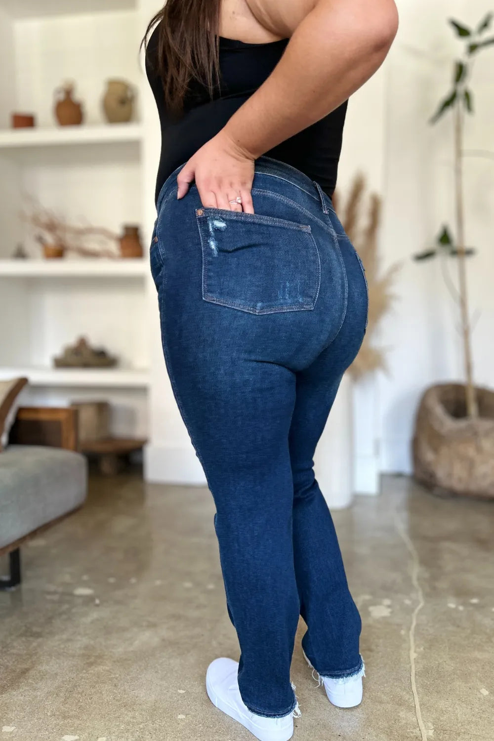 Judy Blue Full Size High Waist Rigid Magic Heavy Destroy Straight Jeans - Velora