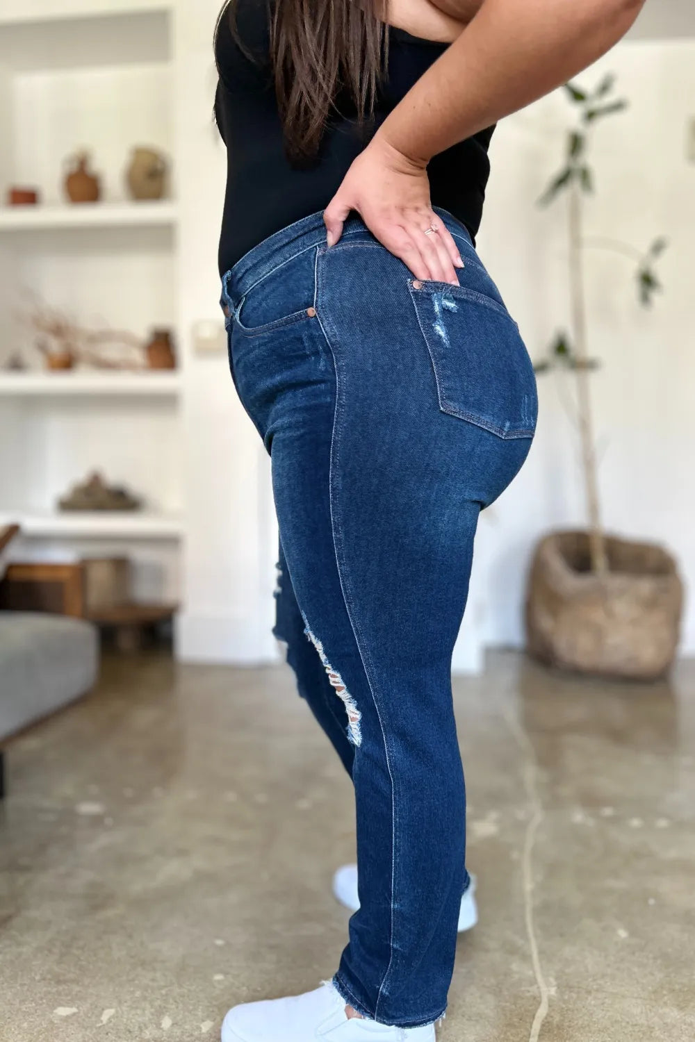 Judy Blue Full Size High Waist Rigid Magic Heavy Destroy Straight Jeans - Velora