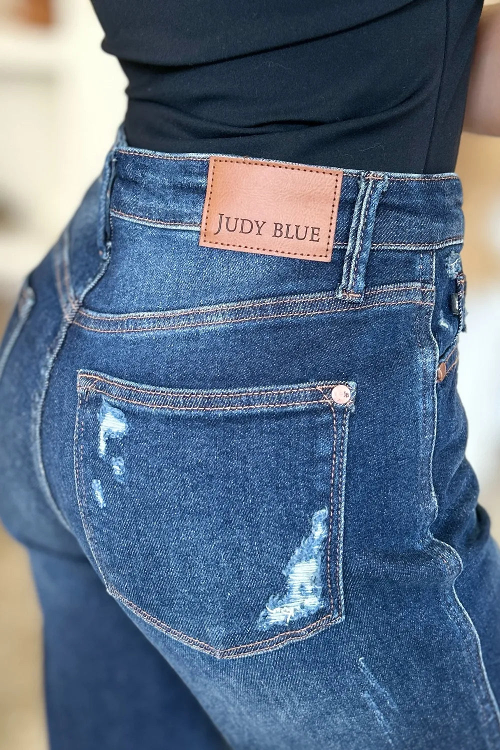 Judy Blue Full Size High Waist Rigid Magic Heavy Destroy Straight Jeans - Velora