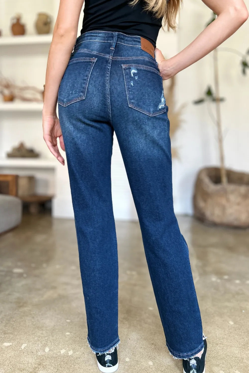 Judy Blue Full Size High Waist Rigid Magic Heavy Destroy Straight Jeans - Velora