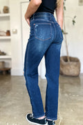 Judy Blue Full Size High Waist Rigid Magic Heavy Destroy Straight Jeans - Velora Luxury Fashion