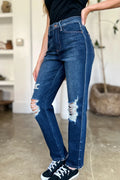 Judy Blue Full Size High Waist Rigid Magic Heavy Destroy Straight Jeans - Velora Luxury Fashion