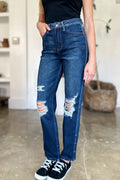 Judy Blue Full Size High Waist Rigid Magic Heavy Destroy Straight Jeans - Velora Luxury Fashion