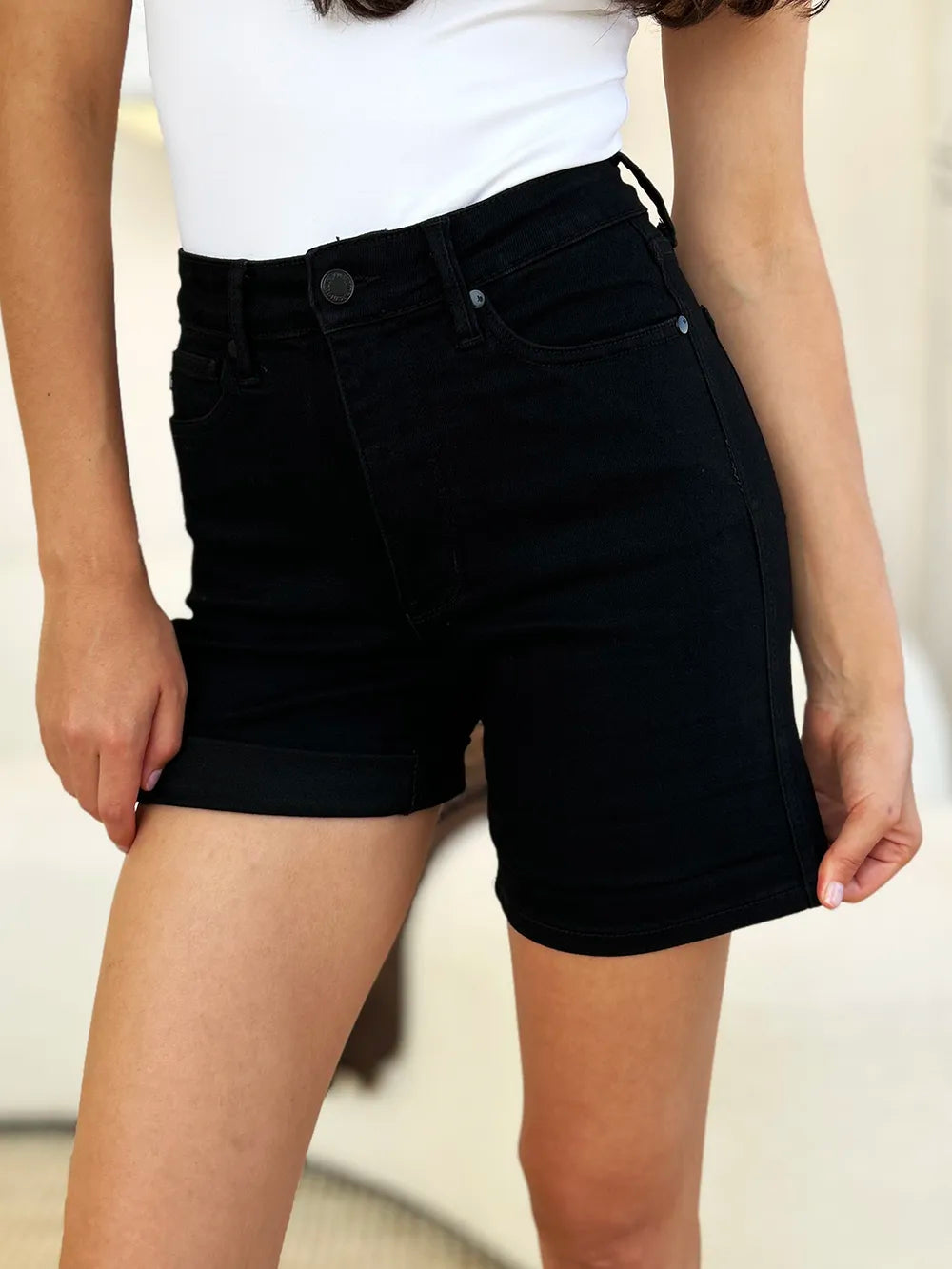 Judy Blue Full Size High Waist Tummy Control Cuffed Denim Shorts - Velora Luxury Fashion