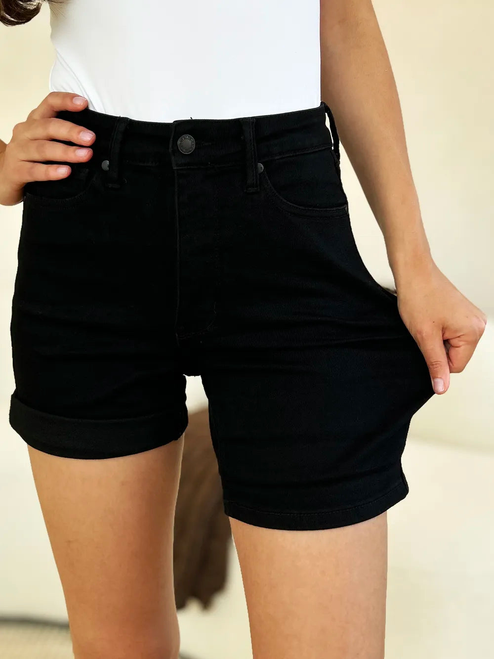 Judy Blue Full Size High Waist Tummy Control Cuffed Denim Shorts - Velora Luxury Fashion