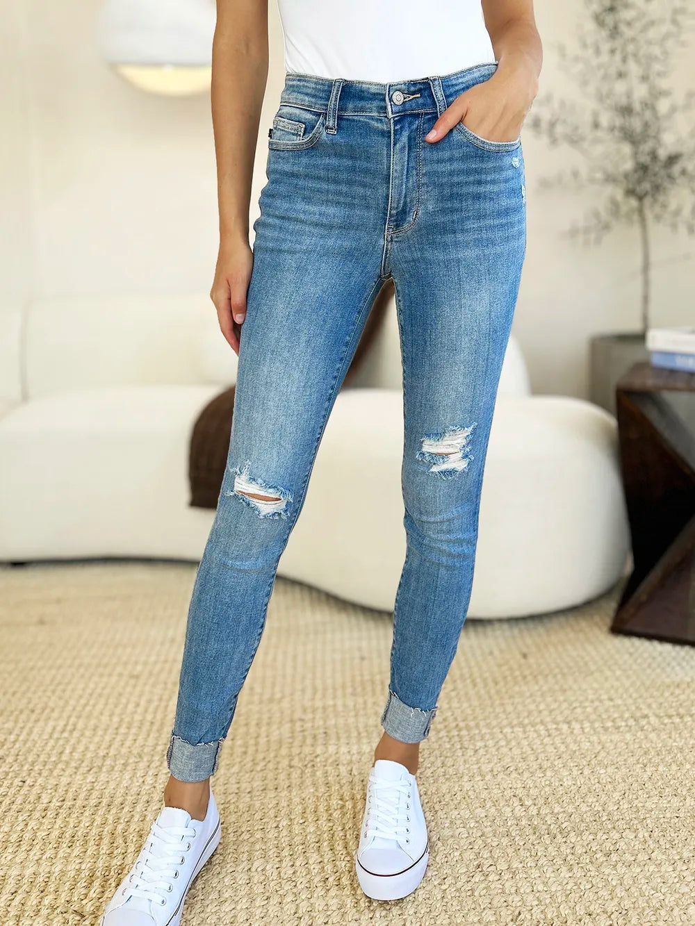 Judy Blue Full Size Mid Rise Destroy & Cuff Skinny Jeans - Velora Luxury Fashion