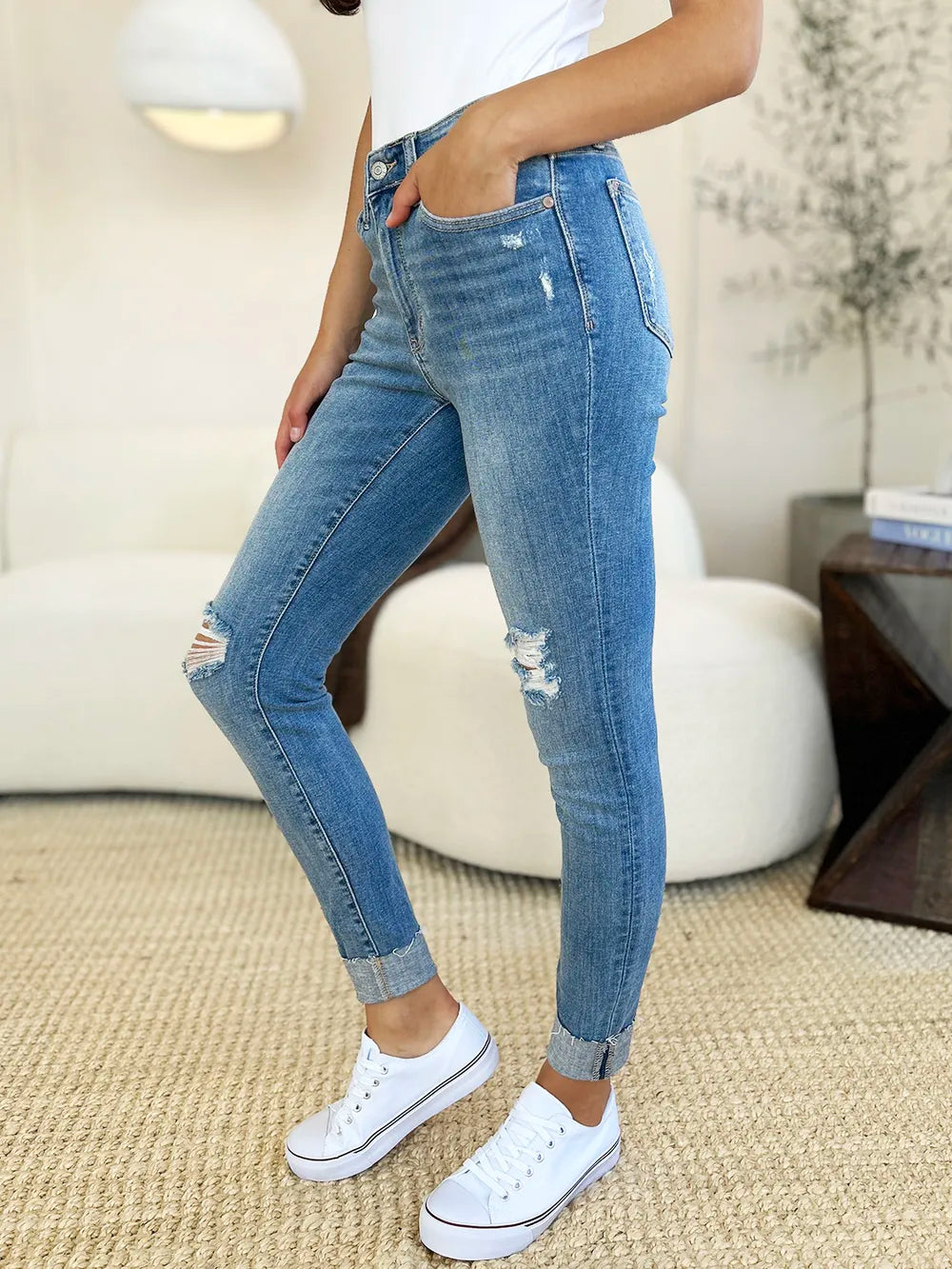 Judy Blue Full Size Mid Rise Destroy & Cuff Skinny Jeans - Velora Luxury Fashion