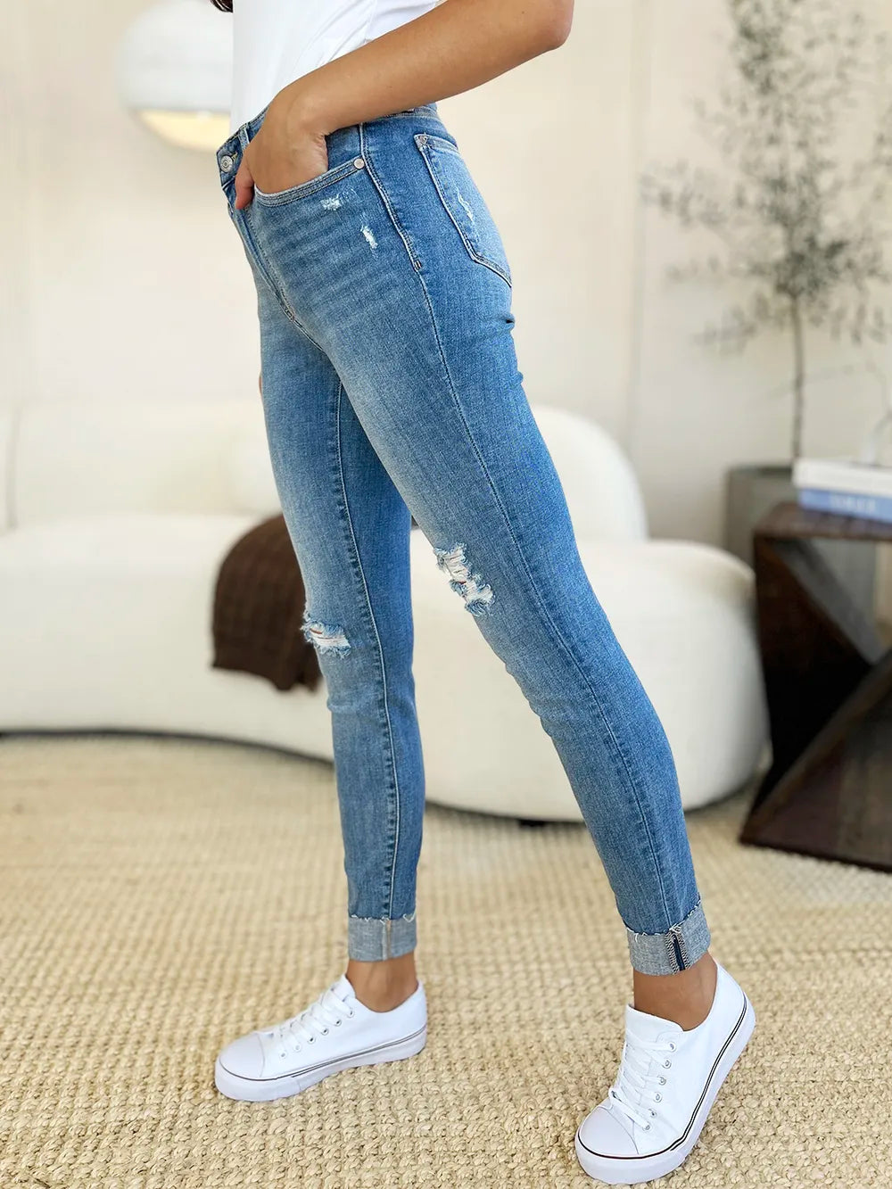 Judy Blue Full Size Mid Rise Destroy & Cuff Skinny Jeans - Velora Luxury Fashion