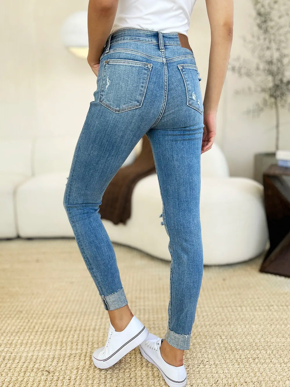 Judy Blue Full Size Mid Rise Destroy & Cuff Skinny Jeans - Velora Luxury Fashion