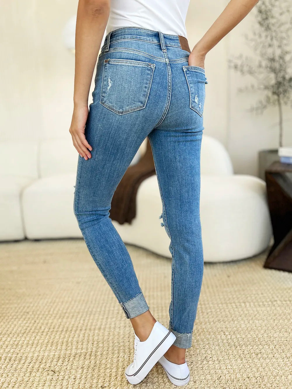 Judy Blue Full Size Mid Rise Destroy & Cuff Skinny Jeans - Velora Luxury Fashion