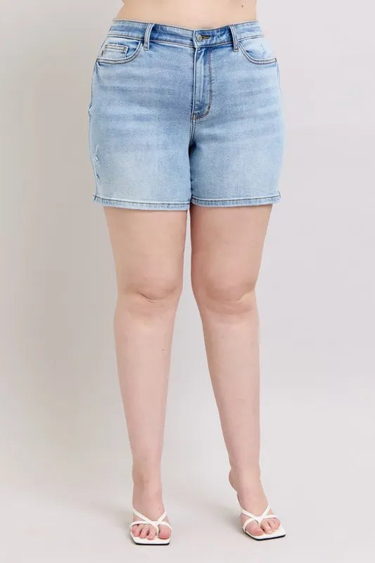 Judy Blue Full Size Mid Rise Washed Denim Shorts Plus Size - Velora Luxury Fashion