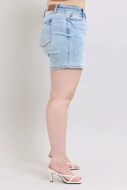 Judy Blue Full Size Mid Rise Washed Denim Shorts Plus Size - Velora Luxury Fashion