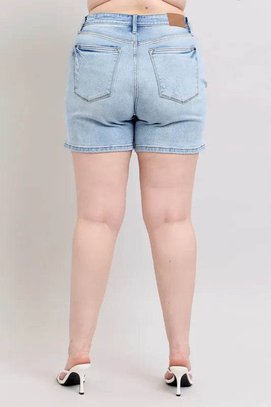 Judy Blue Full Size Mid Rise Washed Denim Shorts Plus Size - Velora Luxury Fashion
