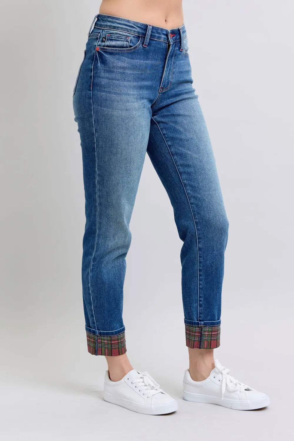Judy Blue Full Size Plaid Print Cuff Straight Leg Jeans with Pockets - Velora Luxury Fashion