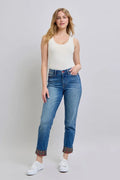 Judy Blue Full Size Plaid Print Cuff Straight Leg Jeans with Pockets - Velora Luxury Fashion